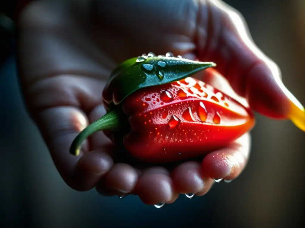 Mano sostiene chile rojo con gotas de agua, resaltando su belleza y complejidad