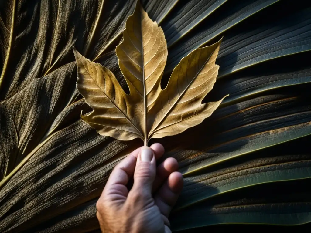 Mano rugosa sostiene hoja de tabaco seca, resaltando contraste entre texturas