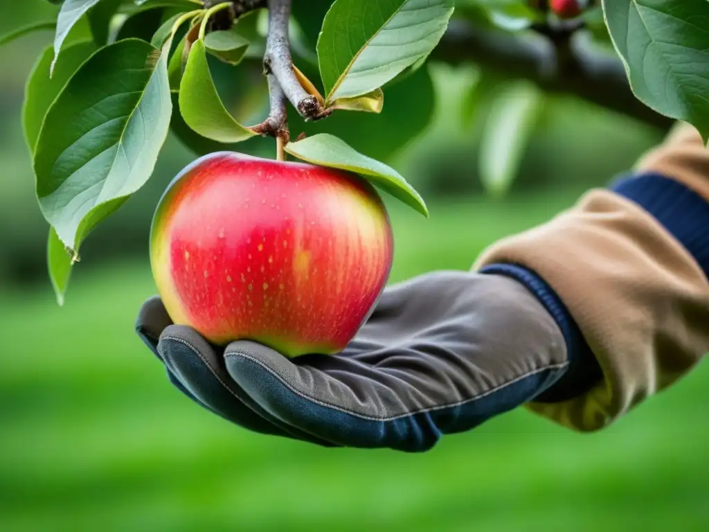 Mano rugosa recolectando manzana roja en huerto de manzanos en Patagonia