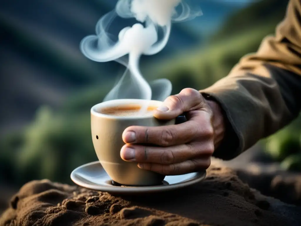 Mano rugosa sostiene taza de café humeante en paisaje de guerra, evocando la importancia histórica del café en soldados