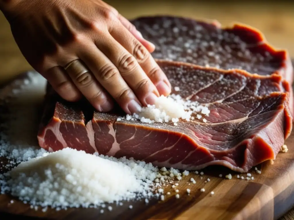 Mano frota sal y especias en carne cruda, destacando la conservación de carnes a lo largo de la historia