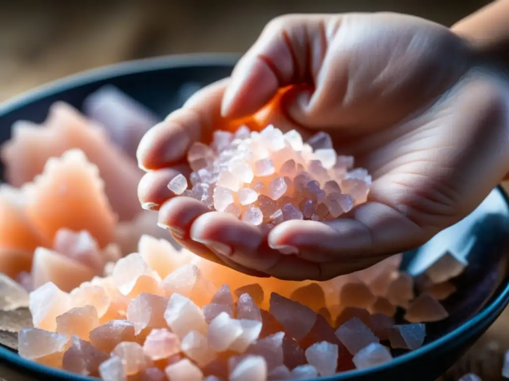 Mano esparciendo sal rosada del Himalaya en mezcla de ingredientes naturales