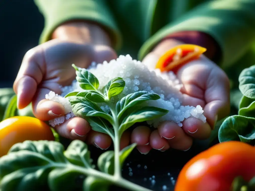 Mano esparciendo sal sobre verduras frescas, destacando métodos históricos conservación alimentos sin conservantes