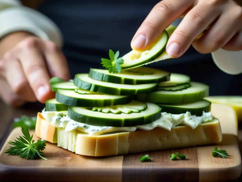 Mano preparando un sándwich de pepino en tabla de madera