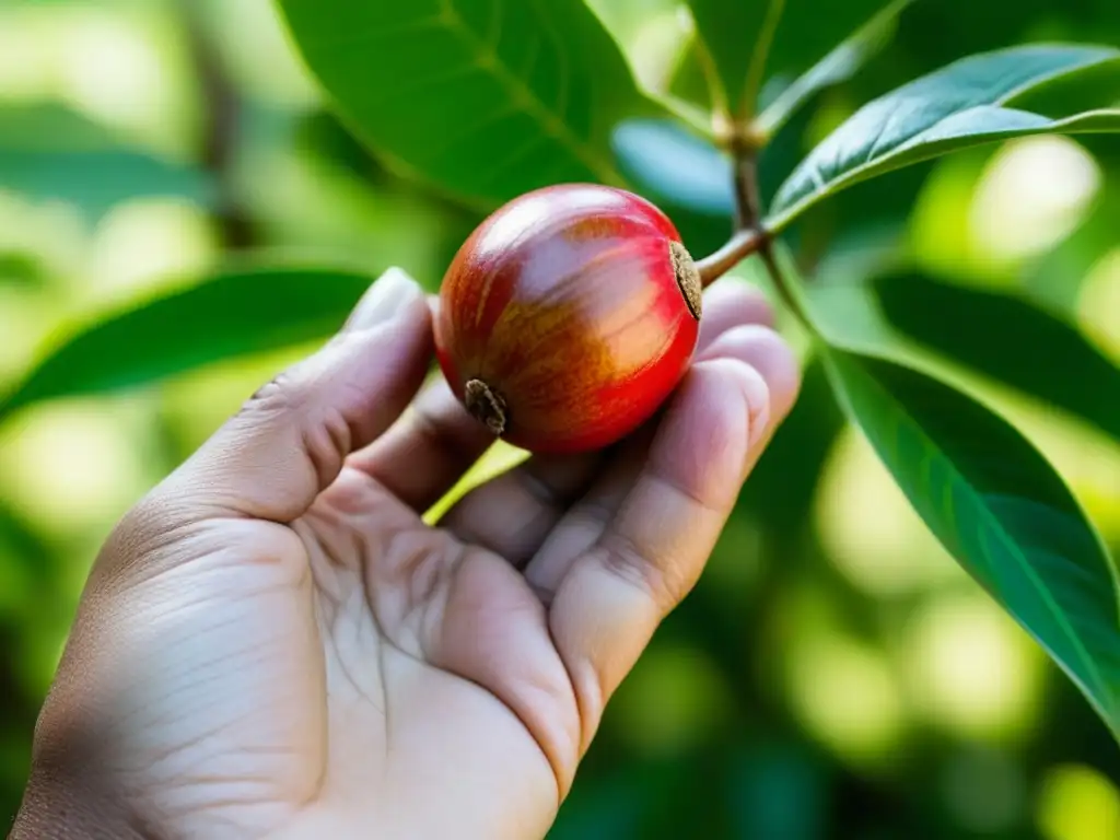 Mano sostiene semilla de nuez moscada fresca con árboles verdes de fondo