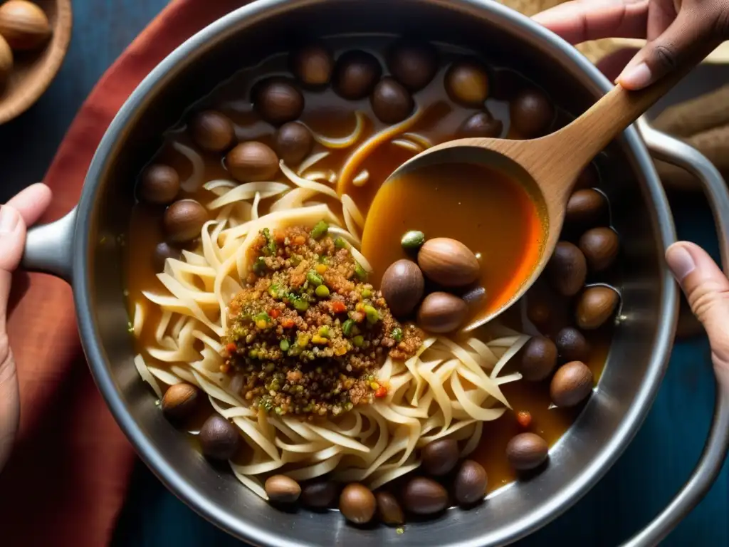 Mano sosteniendo semilla de nuez moscada sobre olla de guiso africano, historia nutmeg culinaria África Oriental