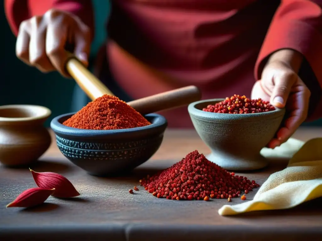 Mano molinando semillas de achiote rojo en mortero de piedra, creando una pasta aromática