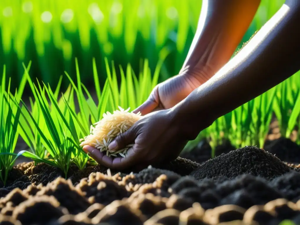 Plantando semillas de arroz en Tailandia: un proceso meticuloso y cultural Mano plantando semillas de arroz jazmín en arrozal tailandés