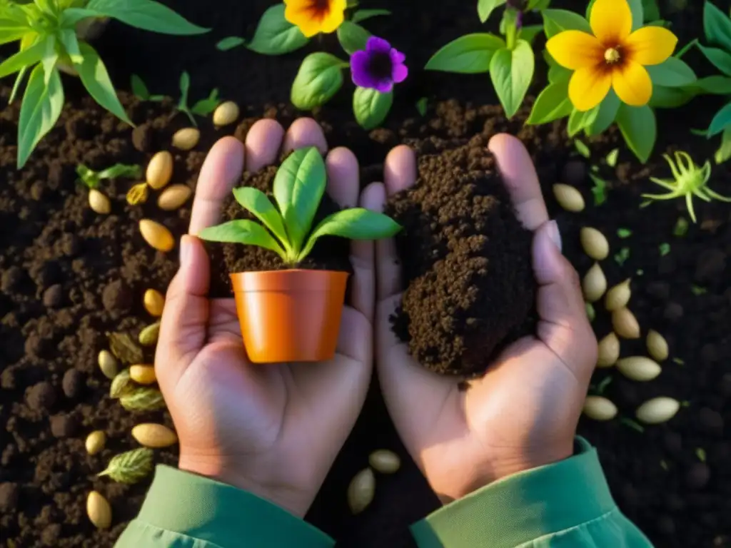 Mano plantando semillas coloridas en tierra oscura: belleza de la alimentación sustentable en expediciones