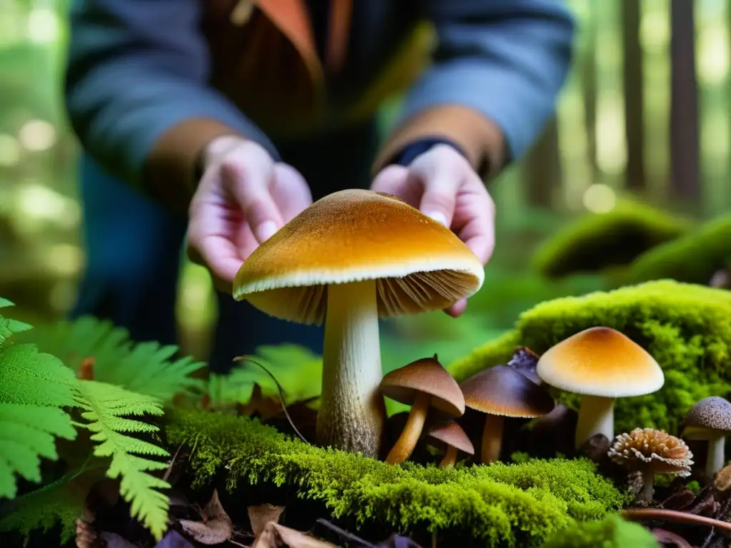 Mano recogiendo setas coloridas en el bosque, bajo la luz del sol