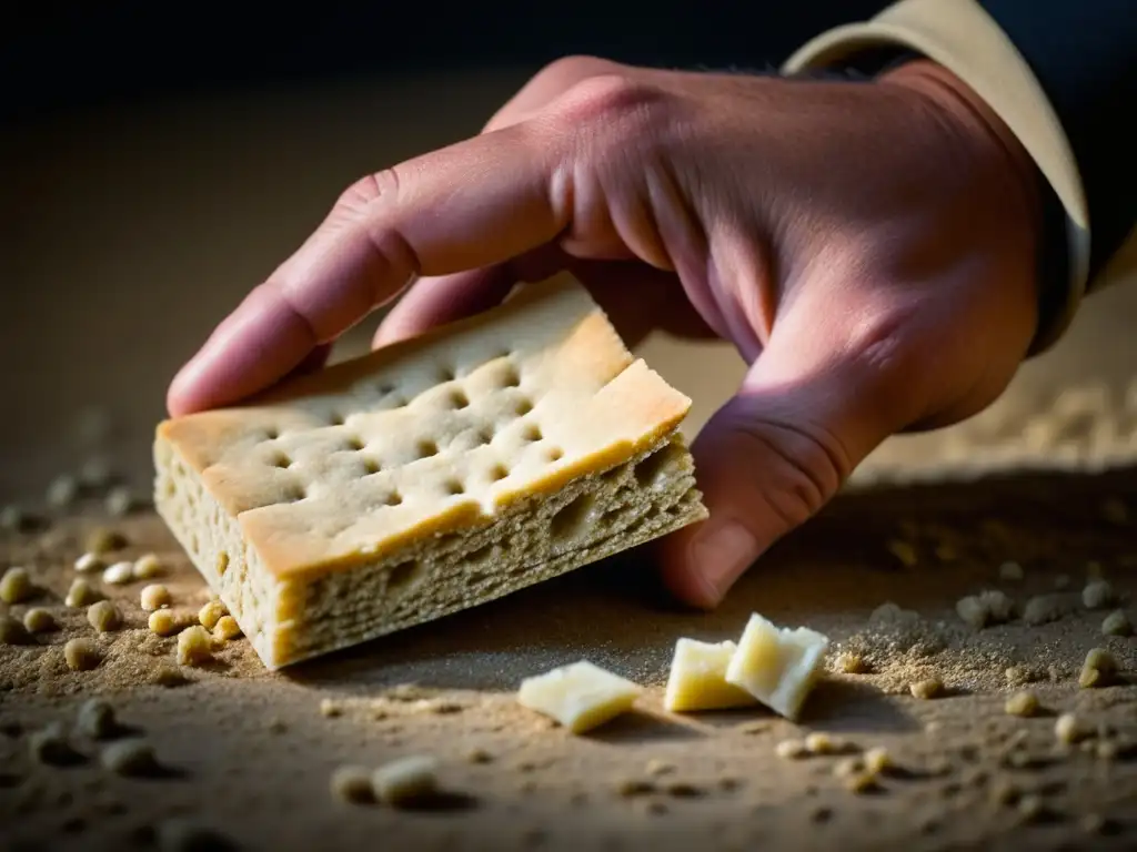 Mano de soldado sostiene con delicadeza galleta dura, destacando la textura áspera de la ración de alimentación militar Guerras Napoleónicas