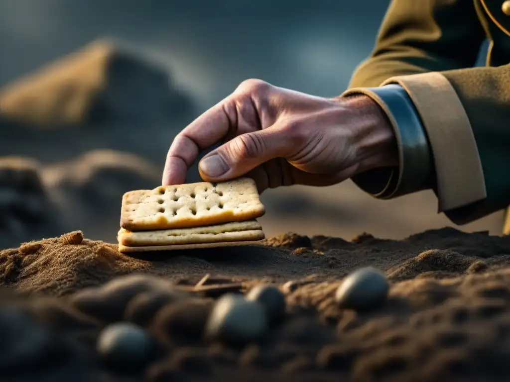 La mano del soldado sostiene galleta de campaña en la Revolución Americana, reflejando la dureza de la guerra