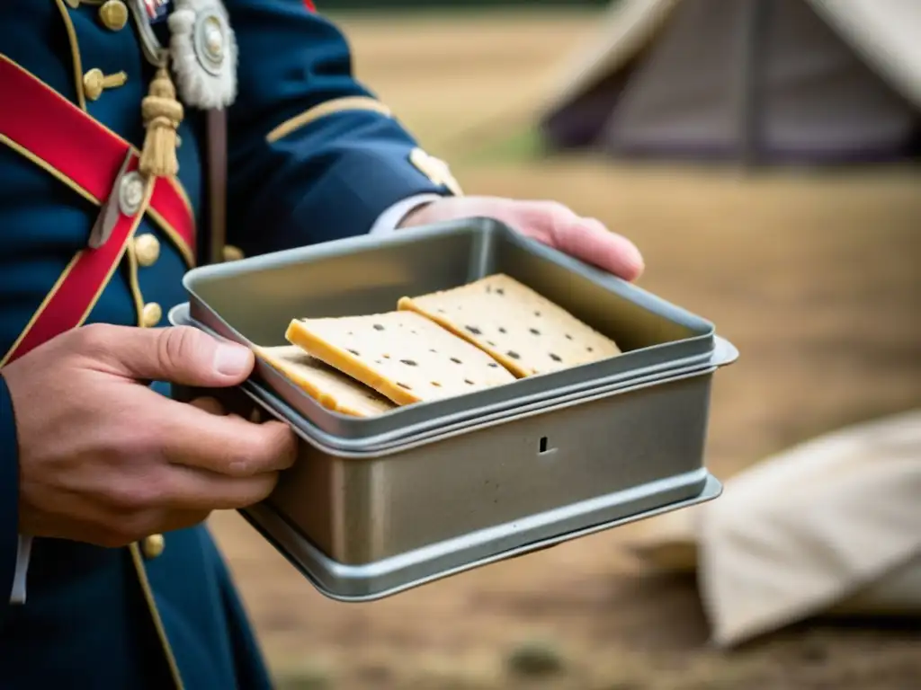 Mano de soldado sostiene kit con raciones de las Guerras Napoleónicas