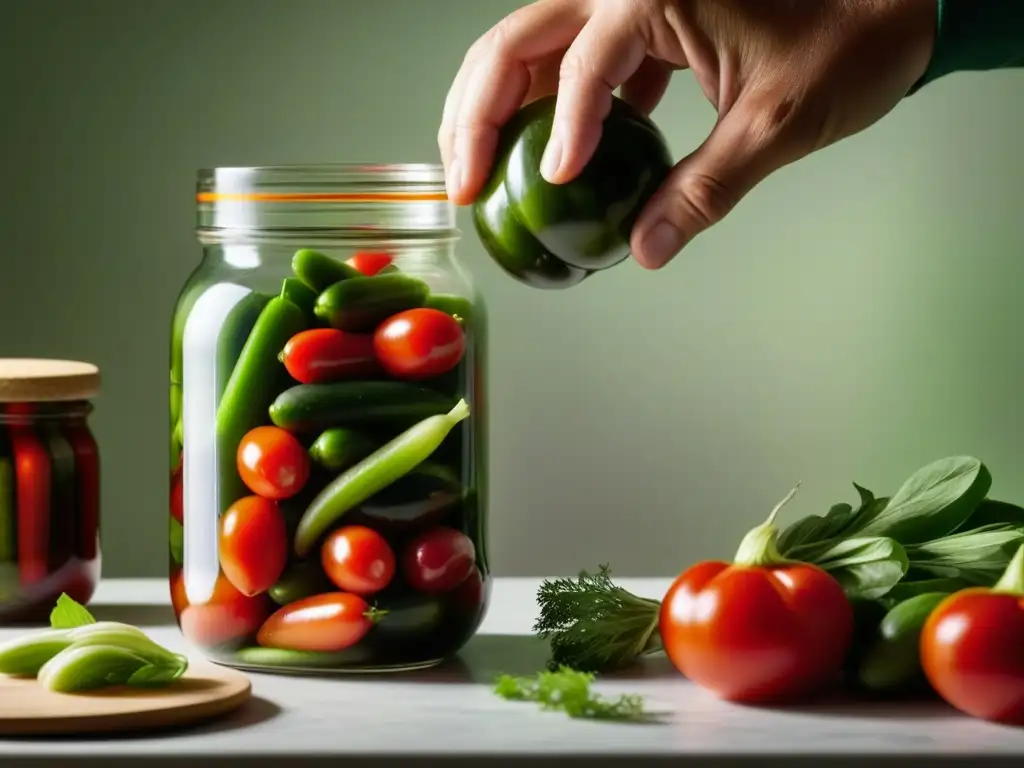 Mano sellando tarro con vegetales en técnicas europeas conservación despensa sudamericana