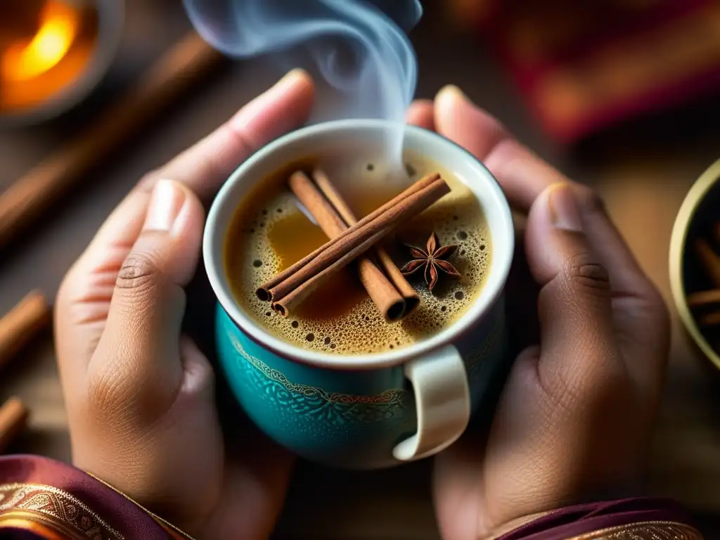 Mano sosteniendo una taza humeante de Masala Chai con especias flotando en la superficie