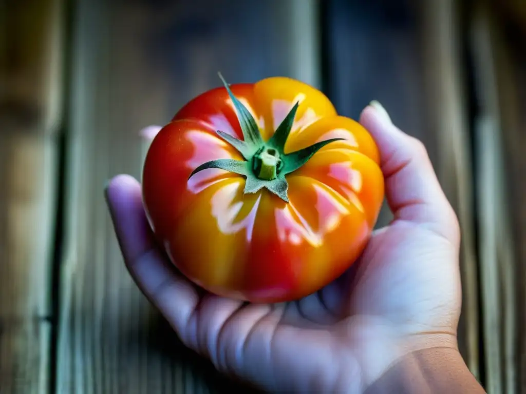 Mano sostiene tomate criollo, resaltando sus patrones y colores