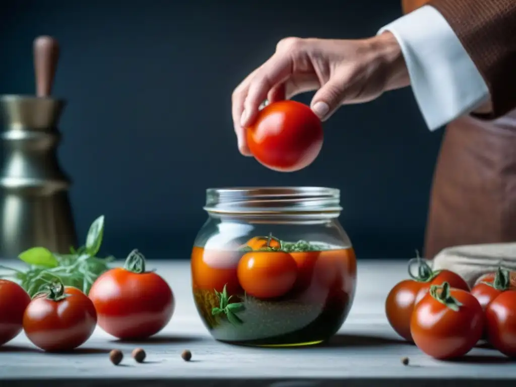 Mano colocando tomate maduro en frasco con hierbas y especias, técnicas europeas conservación despensa sudamericana