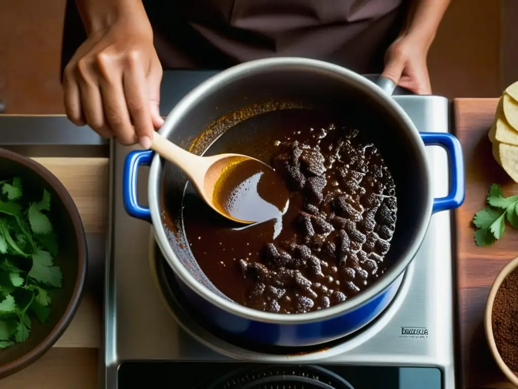 Una mano revuelve un tradicional mole mexicano, resaltando sus capas de especias y chiles en una textura rica y aterciopelada