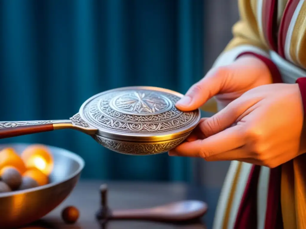 Mano sosteniendo utensilio de cocina bizantino de plata tallada, reflejando la artesanía y legado histórico de Cocina Bizantina recetas históricas