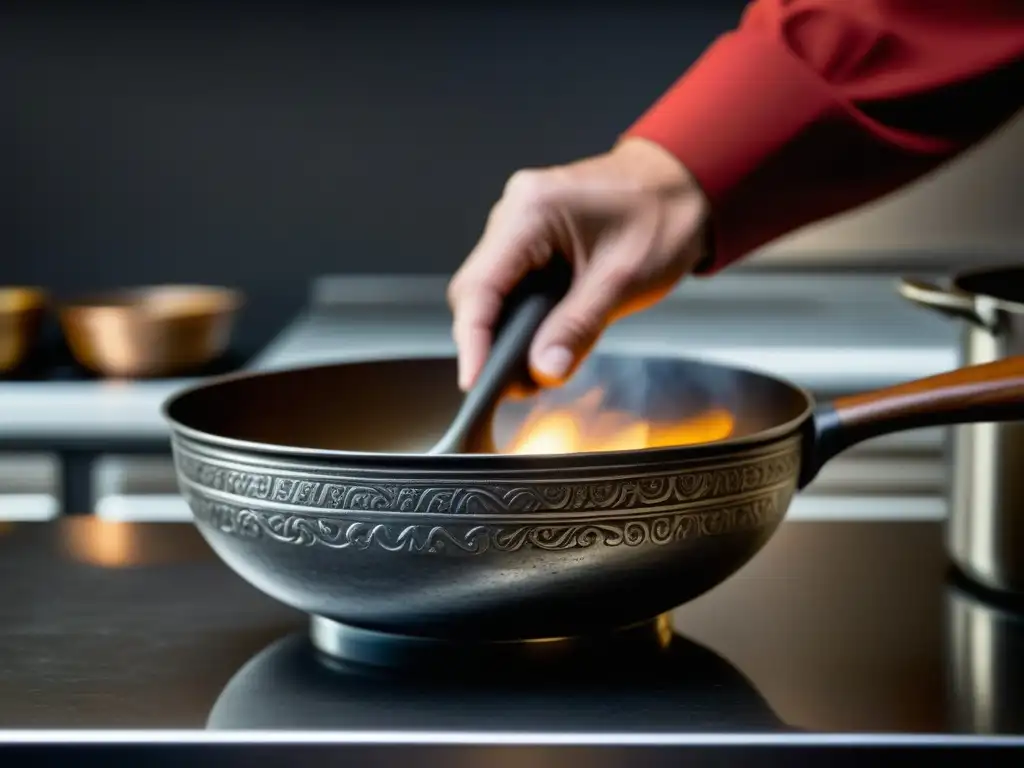 Mano sostiene réplica de utensilio romano en cocina moderna: historia y modernidad en la cocina con utensilios históricos réplicas cocina