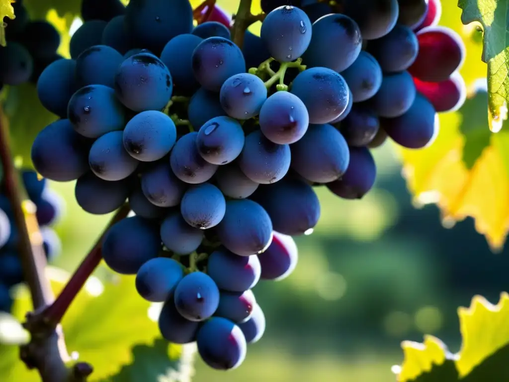 Mano seleccionando uvas moradas brillantes con rocío bajo el sol matutino en viñedo renacentista, mostrando la cultura del vino en Renacimiento