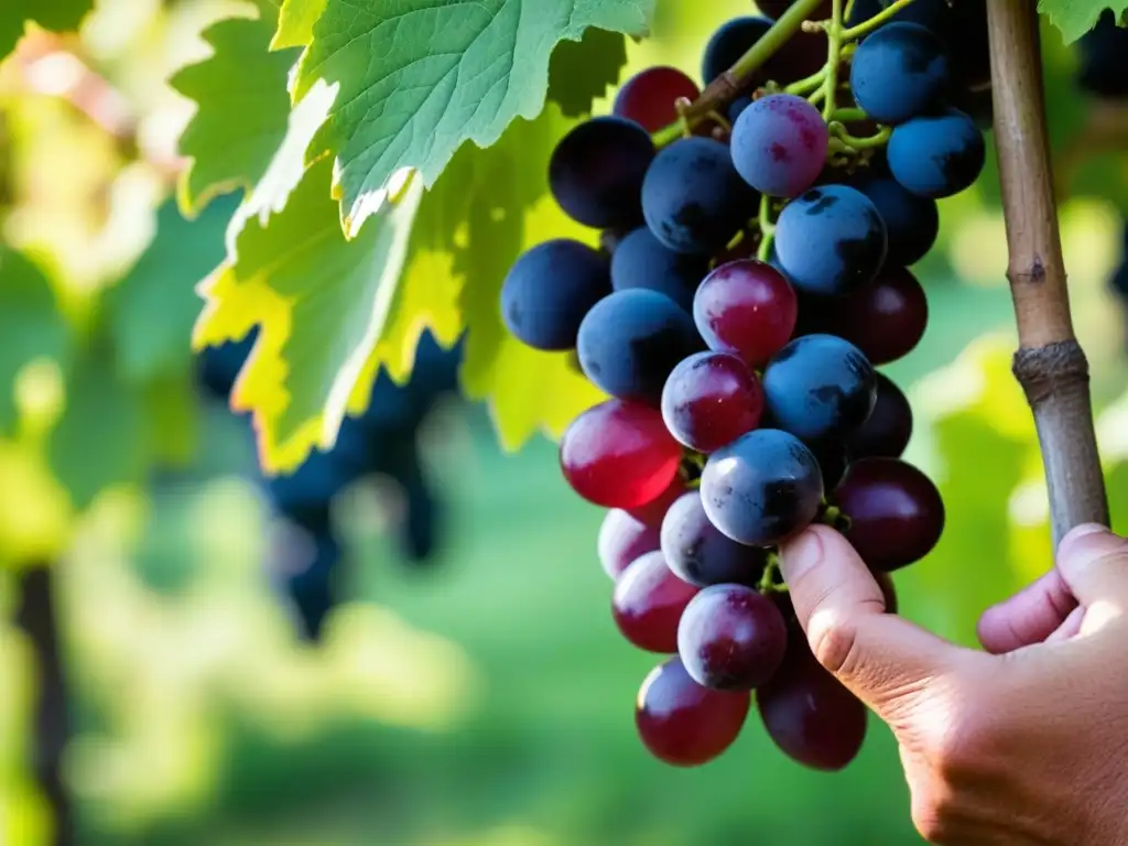 Mano recogiendo uvas rojas en viñedo