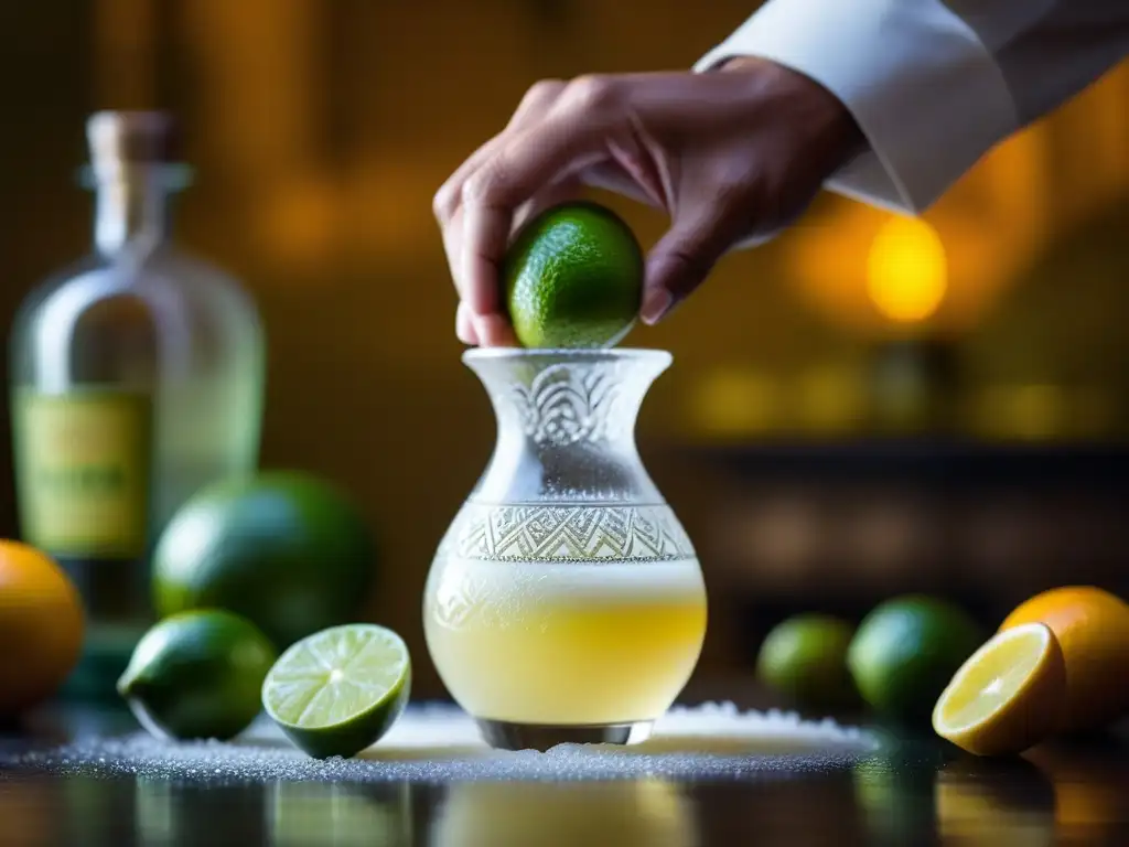 Un mano exprimiendo una lima en un vaso, con una botella de pisco y diseños asiáticos, evocando la historia secreta del Pisco Sour asiático