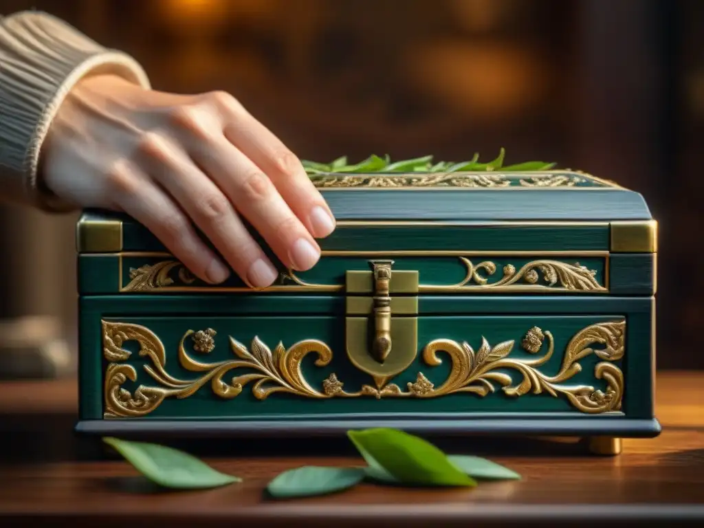 Mano venerable abre cofre antiguo lleno de hojas de té en cascada, evocando historia Boston Tea Party cultura
