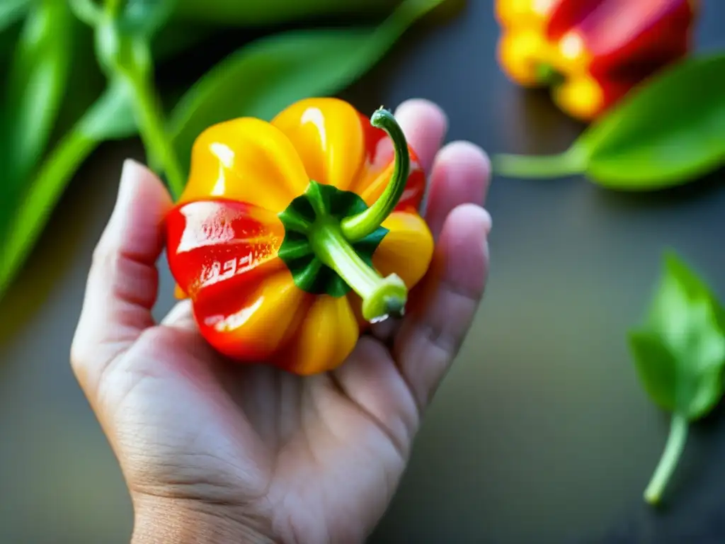 Una mano sostiene un vibrante chile Scotch Bonnet rodeado de mijo crudo