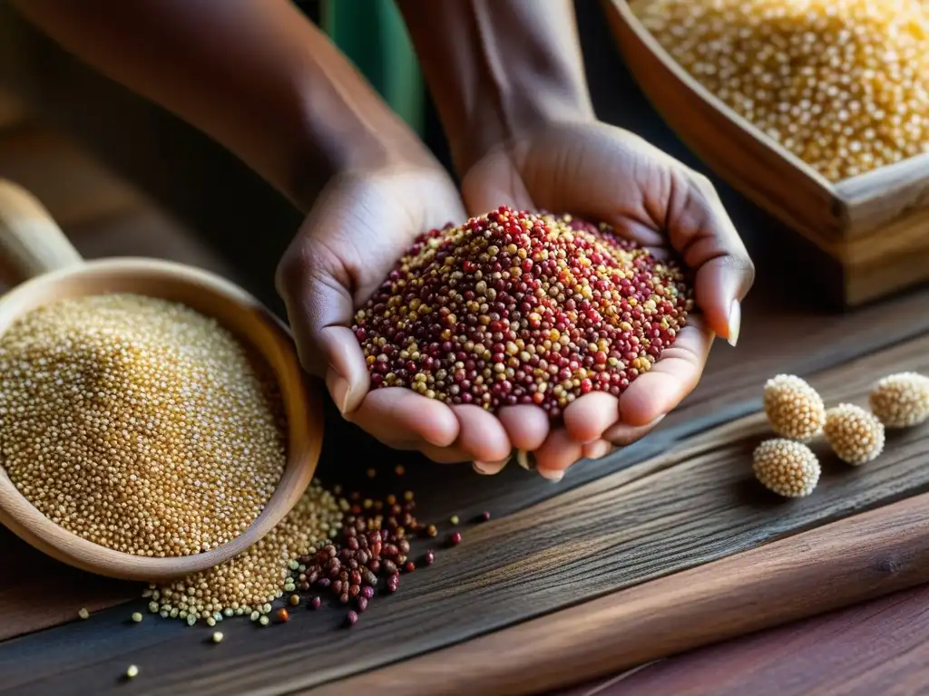 Mano sostiene vibrantes cereales africanos en dieta caribeña, sobre mesa rústica iluminada
