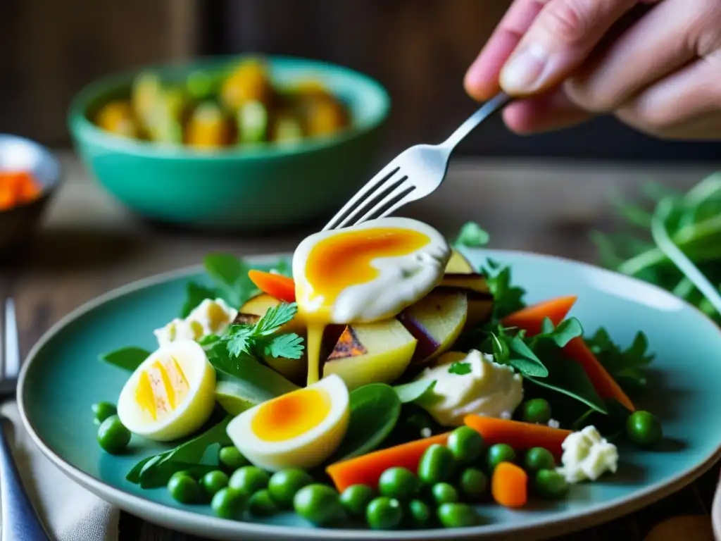 Una mano vintage sostiene con delicadeza un tenedor que atraviesa una colorida ensalada rusa, reflejando sus capas y sabores históricos