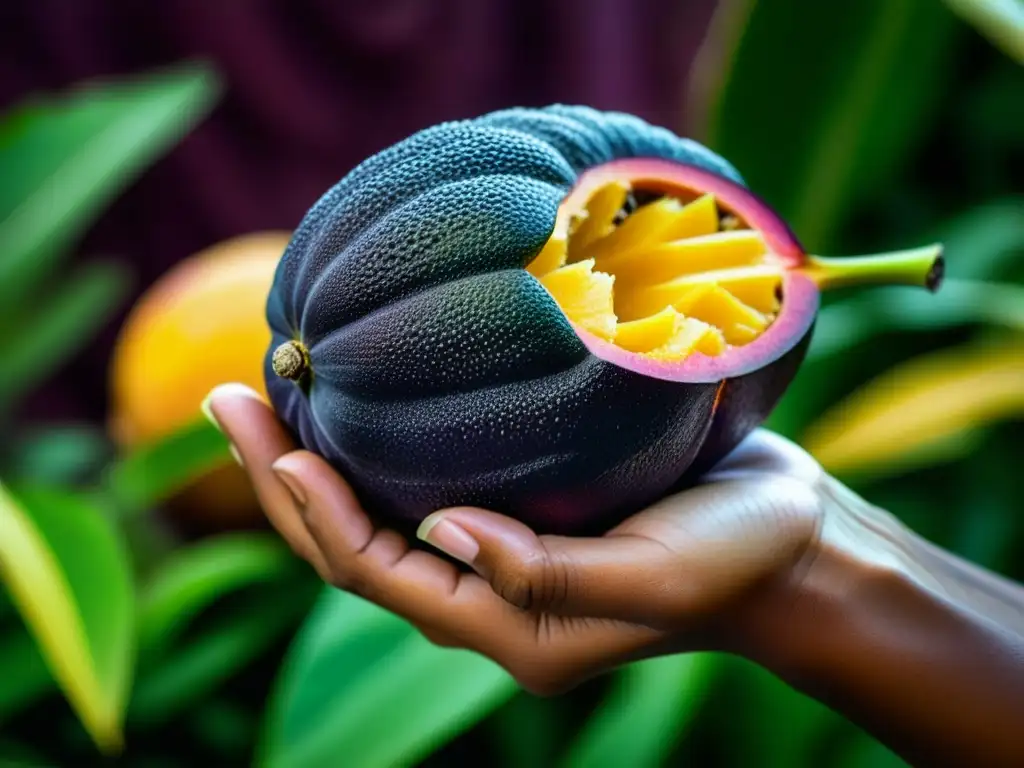 Mano sostiene un Zapote Negro maduro, destacando sus detalles, colores y texturas