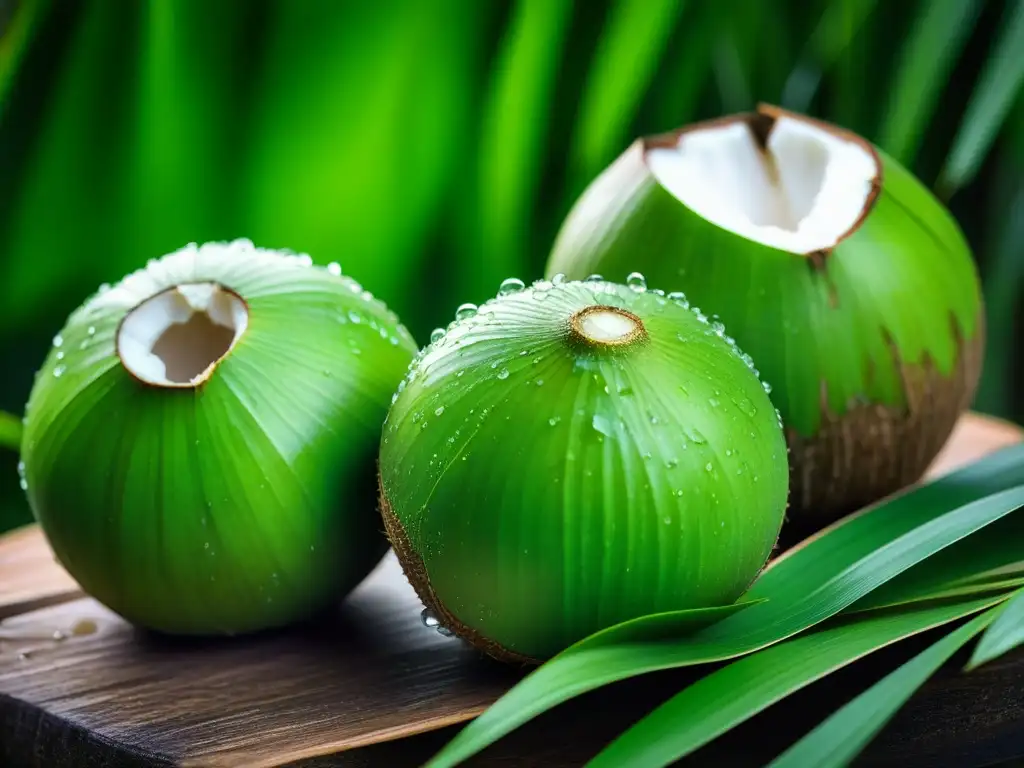 Un manojo de cocos recién cosechados con gotas de agua brillando en sus cáscaras verdes