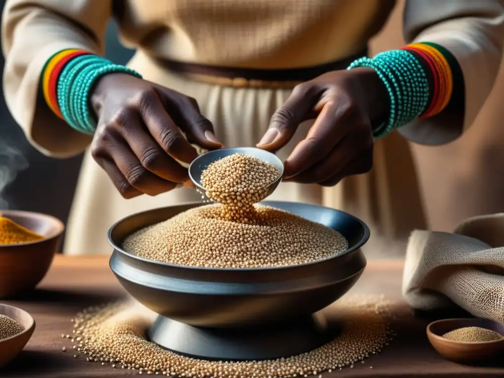 Manos africanas moliendo sorgo con molino de piedra, ritual ancestral