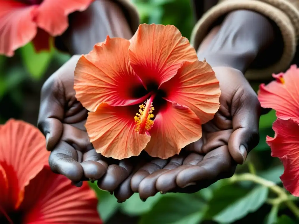 Manos de agricultor africano recolectando pétalos de hibisco rojo vibrante, detallando la herencia culinaria en África colonial