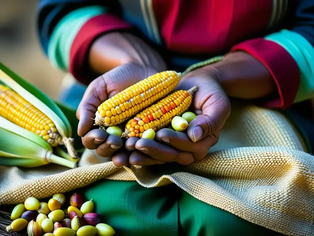 Manos de un agricultor Zapoteca sosteniendo maíz ancestral, reflejando el legado culinario y las técnicas agrícolas Zapotecas