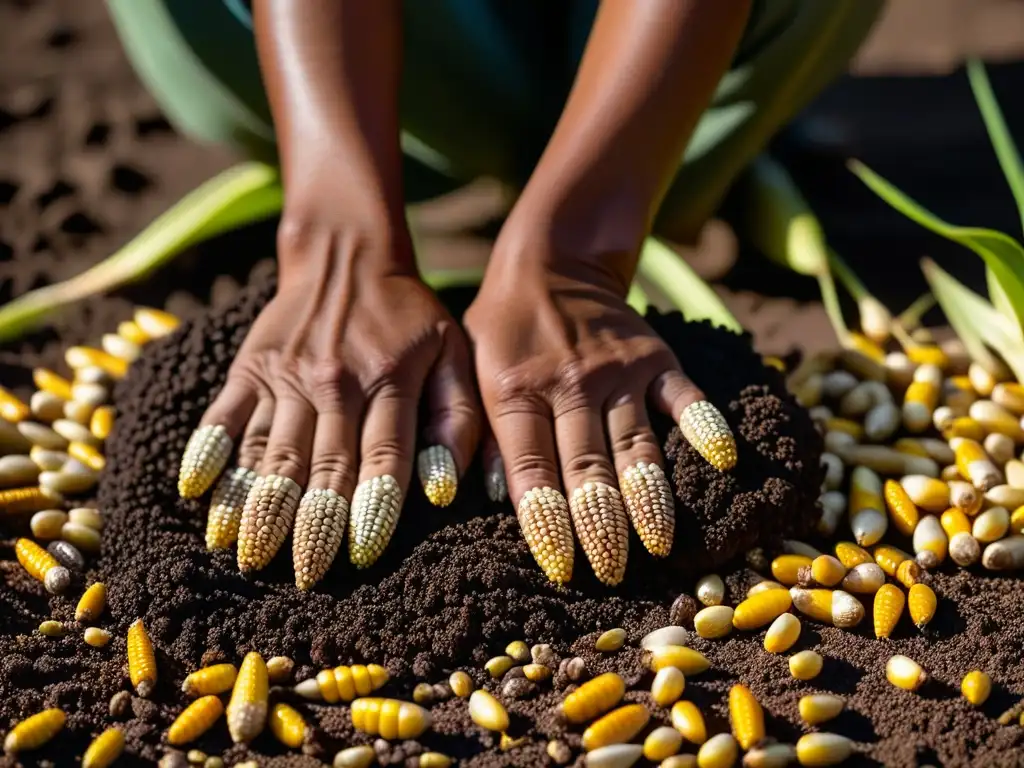 Manos del agricultor Zapoteca plantando maíz ancestral en tierra oscura, destacando técnicas agrícolas Zapotecas