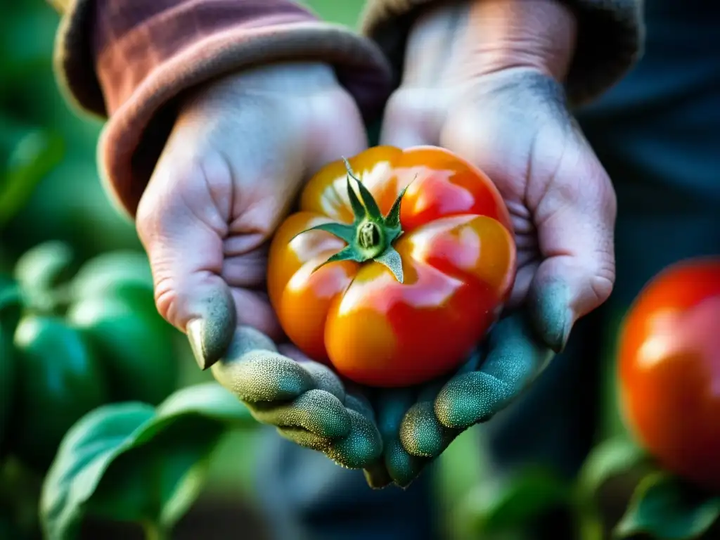 Las manos del agricultor cuidan con cariño un tomate orgánico recién cosechado, mostrando la importancia de las estaciones en la producción orgánica