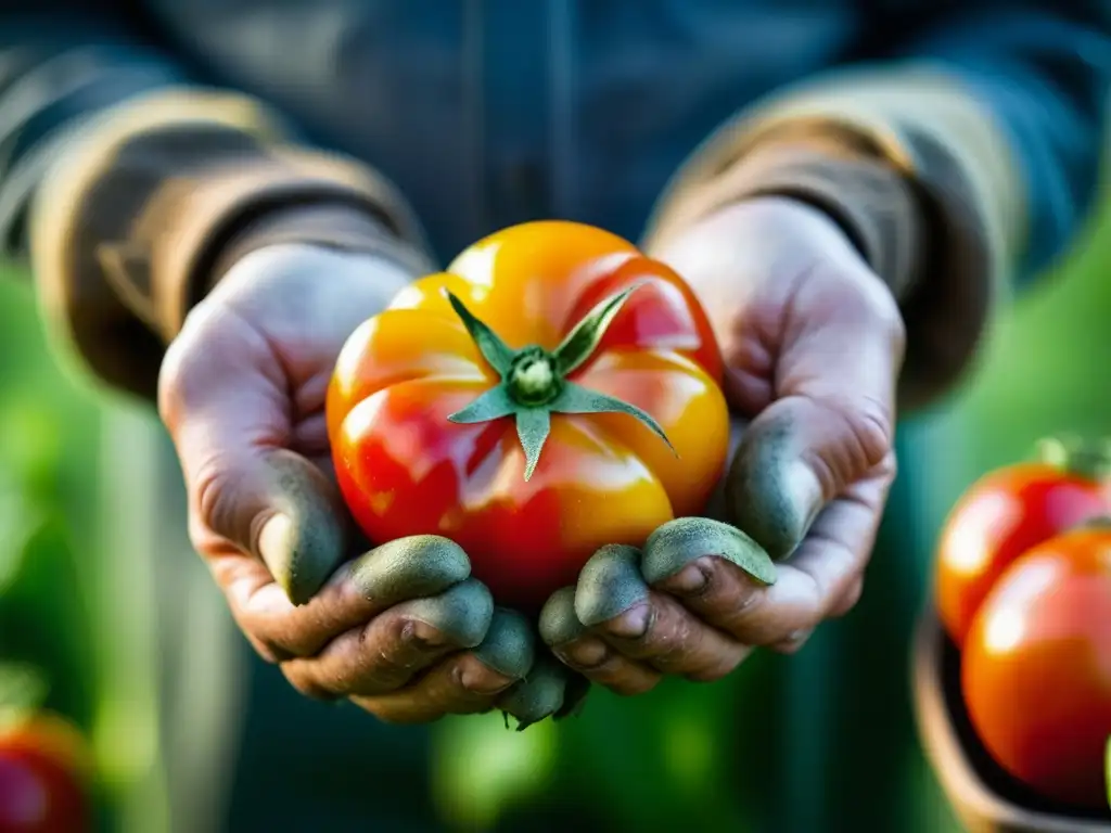 Las manos del agricultor sostienen con cuidado un tomate orgánico recién cosechado, destacando sus colores vibrantes y texturas intrincadas