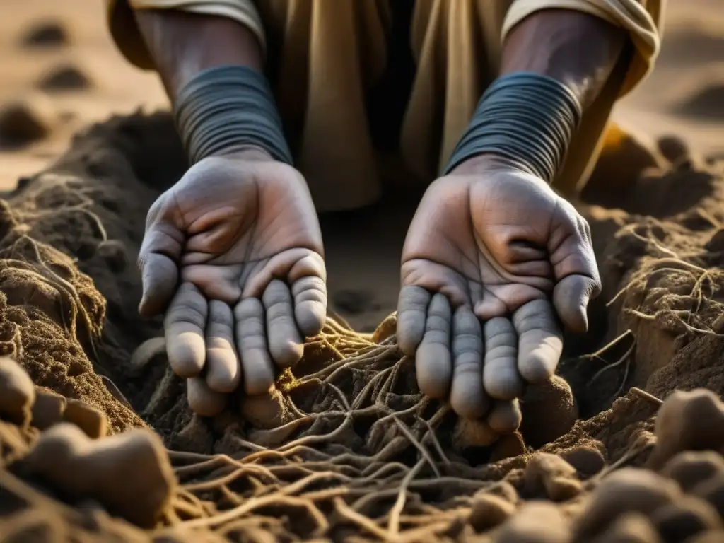 Las manos del agricultor egipcio sostienen la tierra fértil, mostrando un legado de agricultura sustentable en Egipto