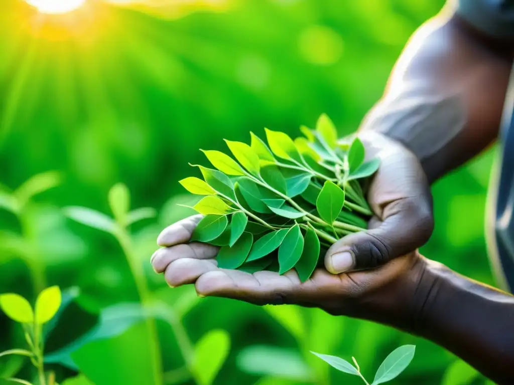 Manos del agricultor cosechando hojas verdes de moringa en plantación bajo el sol dorado, mostrando belleza y conexión con la tierra