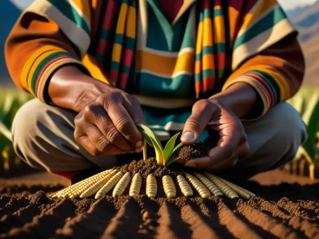 Manos de agricultor Inca siembran maíz al atardecer en los Andes