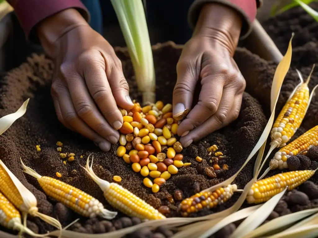 Manos de agricultor indígena plantando semillas de maíz en tierra fértil