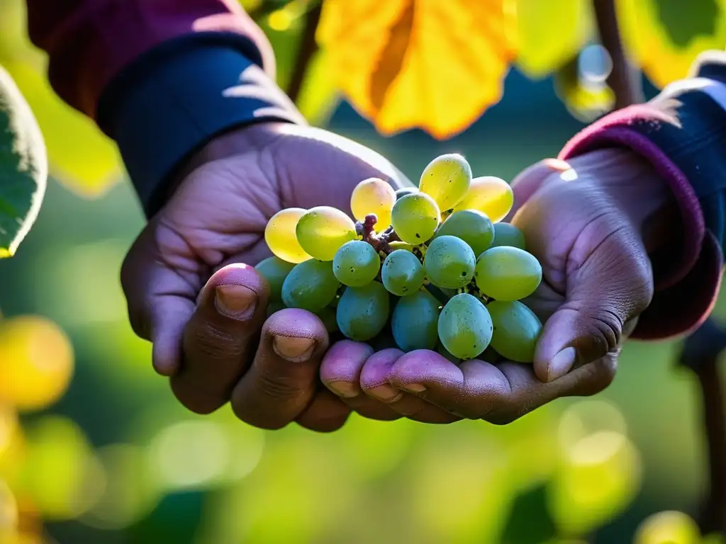 Las manos del agricultor peruano cosechan uvas en los viñedos de Ica bajo el sol dorado, conectando con las recetas históricas de Perú