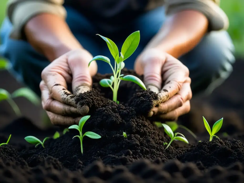 Manos de agricultor plantando plántulas en tierra oscura, conexión entre agricultura y cocina tradicional