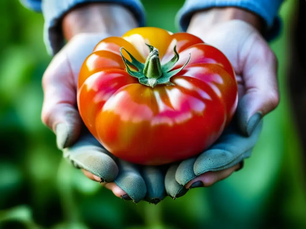 Manos de agricultor sostienen tomate heirloom, conectando transformación agricultura impacto cocina histórica con colores y texturas vibrantes