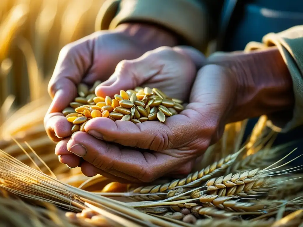 Manos del agricultor sosteniendo trigo dorado, resaltando la importancia del cultivo de cereales y prácticas sostenibles