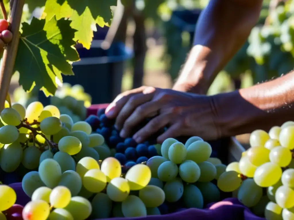 Manos de agricultores seleccionando uvas en la Vendimia Argentina, con viñedos y arquitectura tradicional al fondo