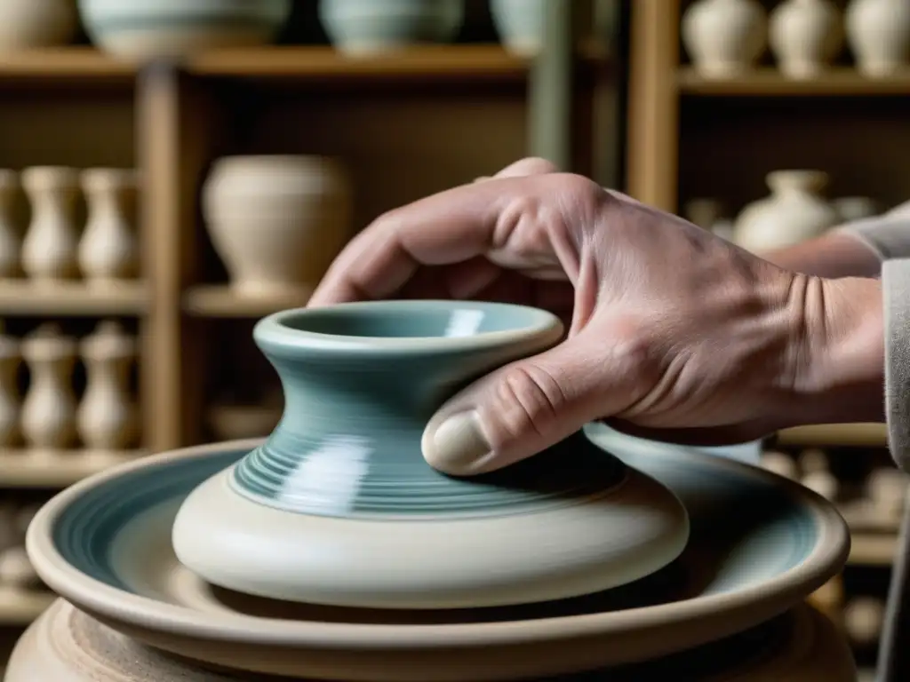 Manos de alfarero moldeando fina porcelana en torno, muestra la artesanía de la producción cerámica revolución industrial