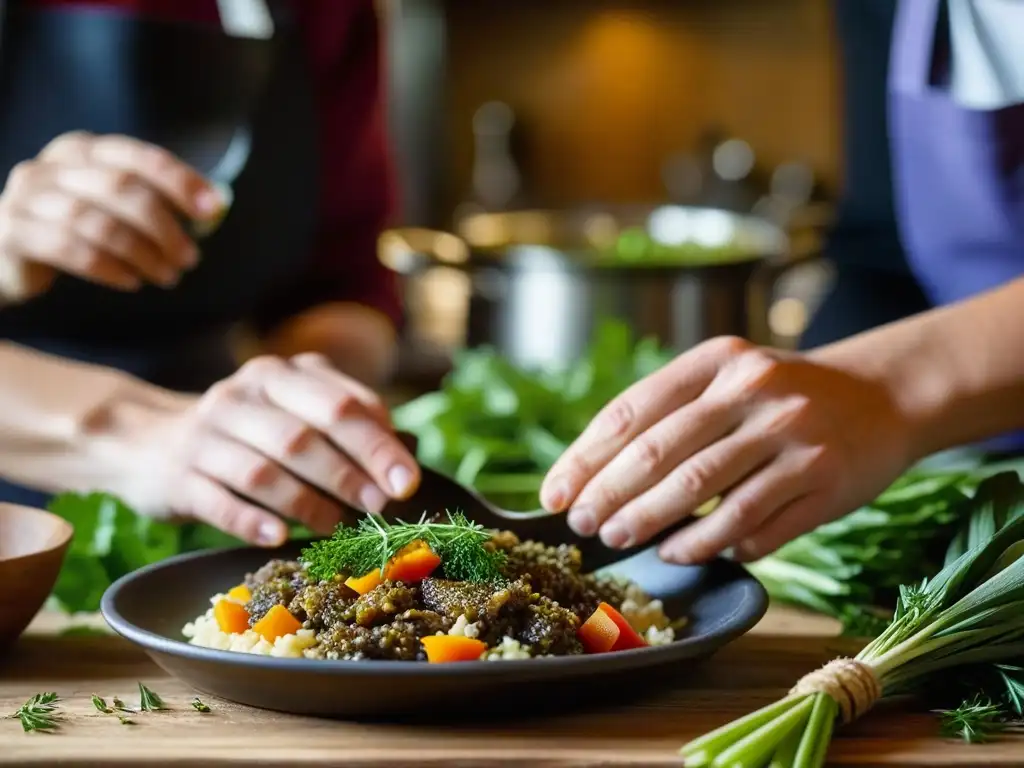 Manos preparando alimentos bizantinos en cocina rústica